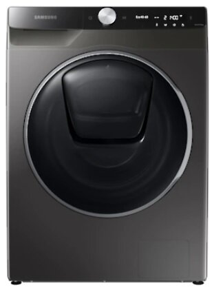 Ciemnoszara pralka Samsung z czarnymi drzwiami. Widok z przodu, białe tło.