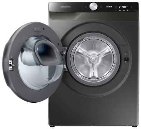 Ciemnoszara pralka z otwartymi drzwiami. Wewnątrz srebrny bęben.