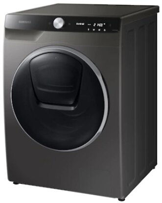 Ciemnoszara suszarka Samsung, widok z przodu. Drzwi są czarne.