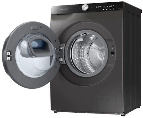 Czarna pralka z otwartymi drzwiami, pokazująca wnętrze.