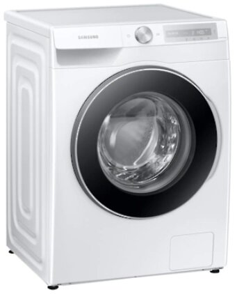 Biała pralka Samsung z czarnymi drzwiami. Posiada wyświetlacz cyfrowy i pokrętło sterowania.