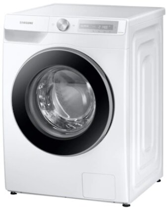 Biała pralka Samsung, widok z przodu, z czarnymi drzwiami.
