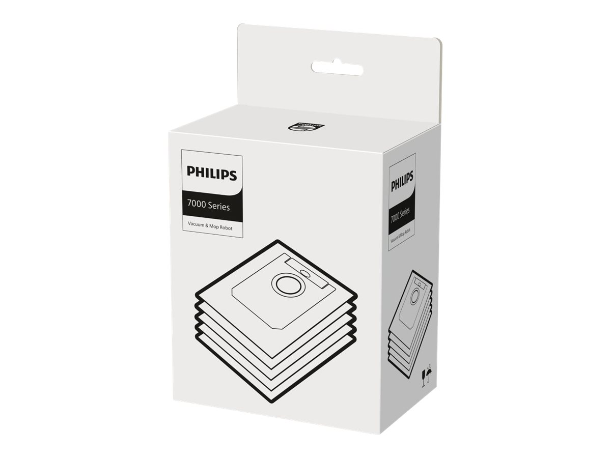 Weiße Box mit einer Strichzeichnung eines Staubsaugerroboters und Beuteln darauf. Sie hat einen Griff oben.