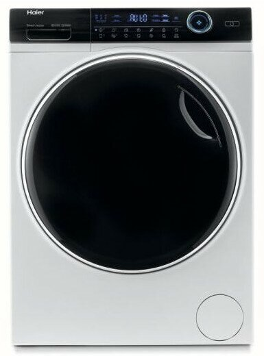 Biała pralka Haier z dużymi czarnymi drzwiami i wyświetlaczem u góry.