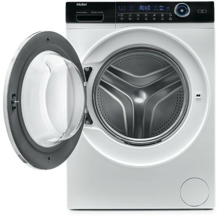 Biała pralka z otwartymi drzwiami. Widoczne są przyciski i ekran.