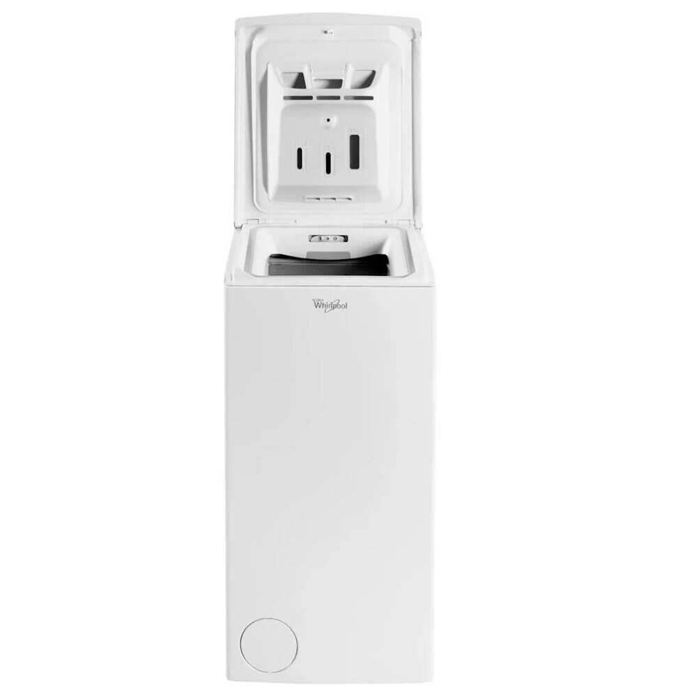 Biała pralka ładowana od góry z otwartą pokrywą. Wnętrze pokazuje dozownik i komorę prania.