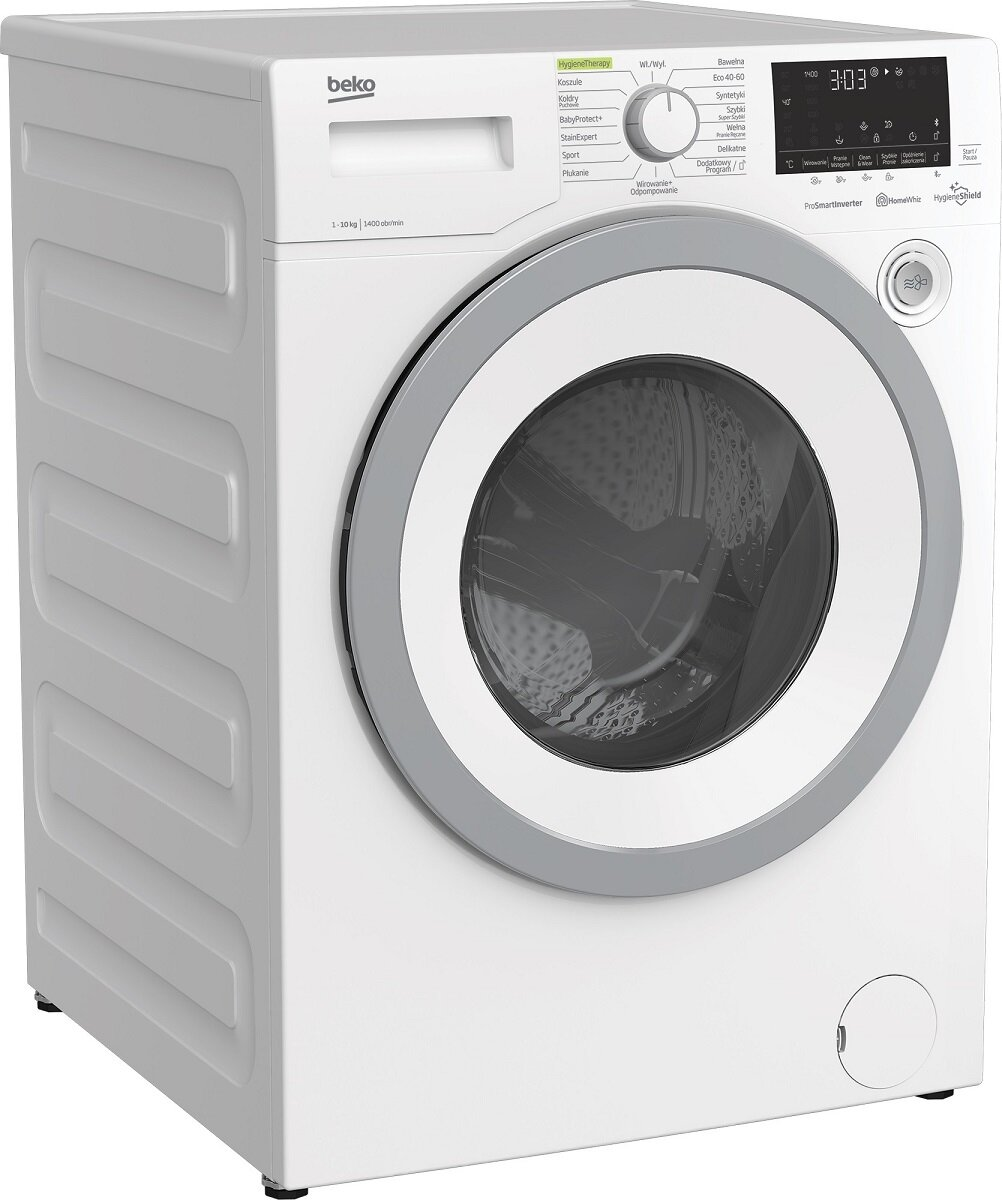 Biała pralka z szarą obręczą drzwi i panelem sterowania.