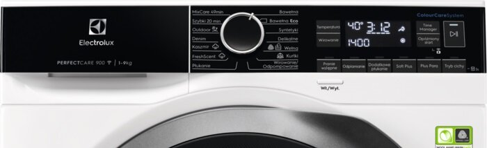 Panel sterowania pralki z różnymi opcjami i wyświetlaczem.