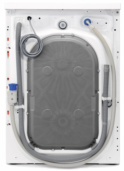 Tył białej pralki z wężami i szarym panelem dostępowym.