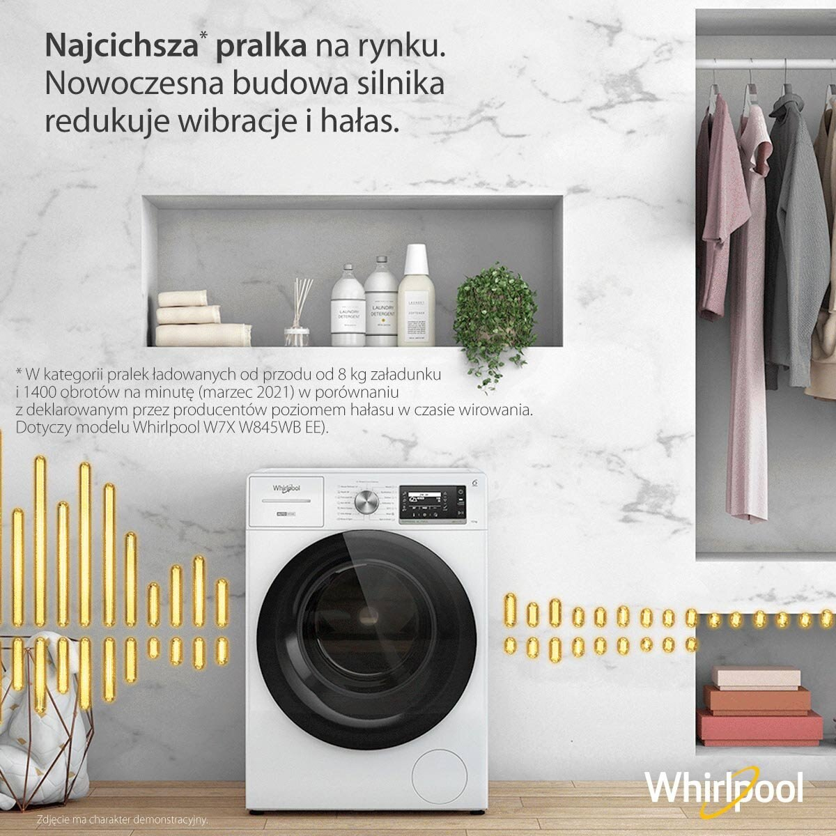 Biała pralka Whirlpool z czarnymi drzwiami. Tekst po polsku opisuje cechy urządzenia.