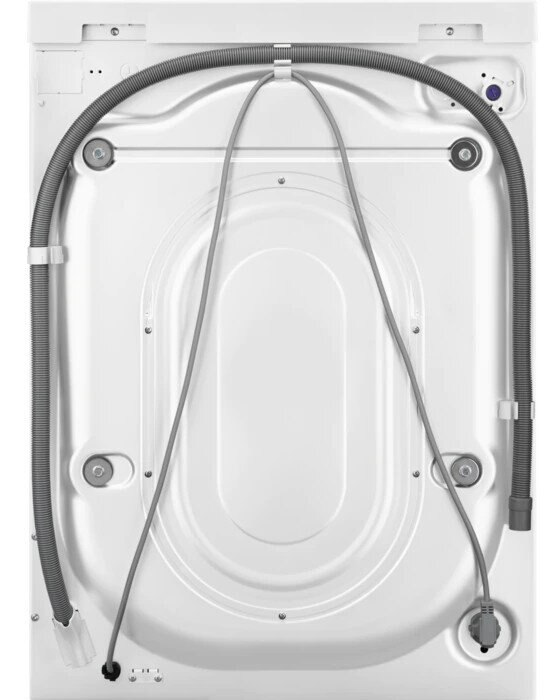 Tył białej pralki z widocznymi wężami i złączami. Góra ma zakrzywioną konstrukcję.