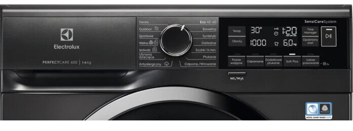 Ciemnoszary panel sterowania pralki z przyciskami, pokrętłem i wyświetlaczem cyfrowym.