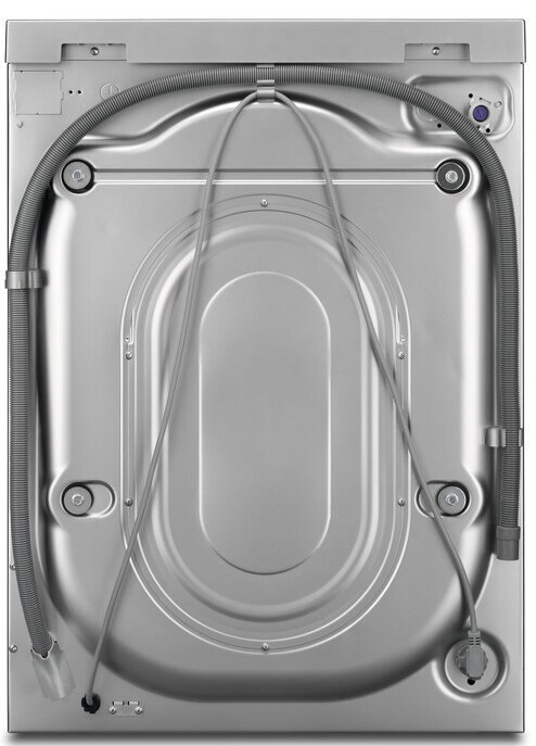 Tył srebrnej pralki z wężami i przewodem zasilającym. Metaliczna powierzchnia.