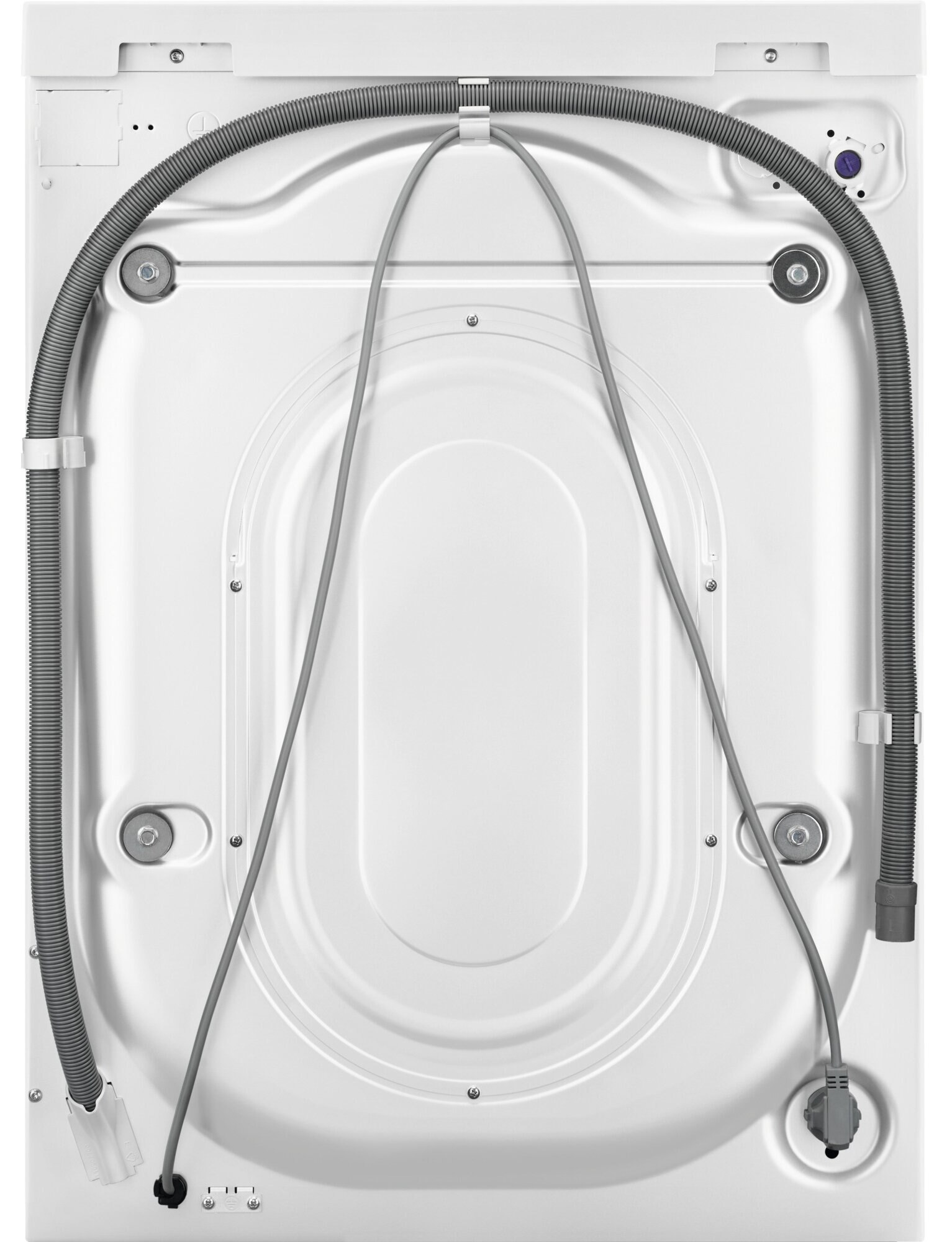 Tył białej pralki z szarym wężem i kablami.