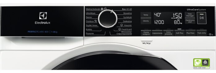 Panel sterowania pralki z wyświetlaczem pokazującym ustawienia i opcje.