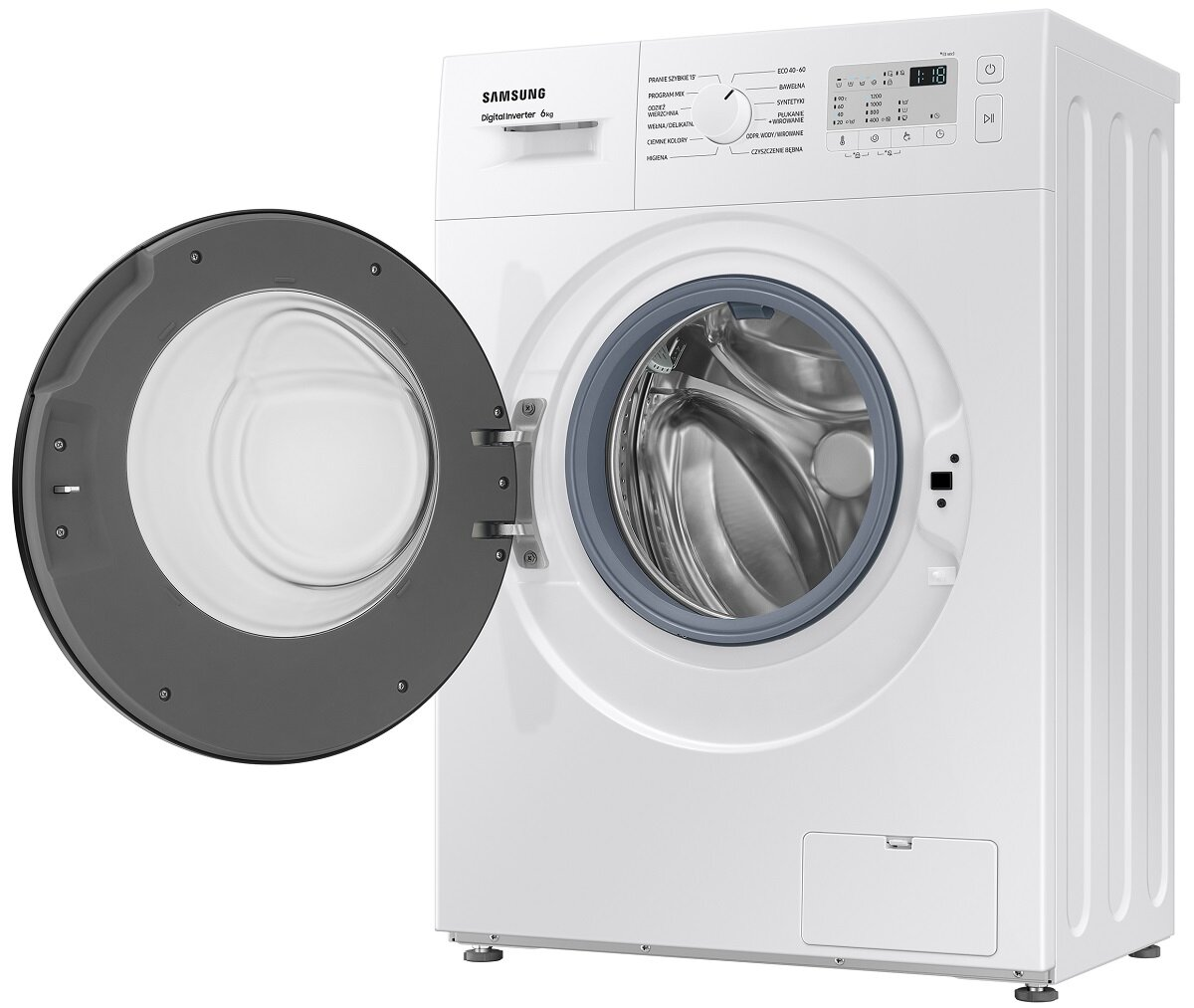 Biała pralka z otwartymi drzwiami, widoczny bęben. Przyciski na górze.