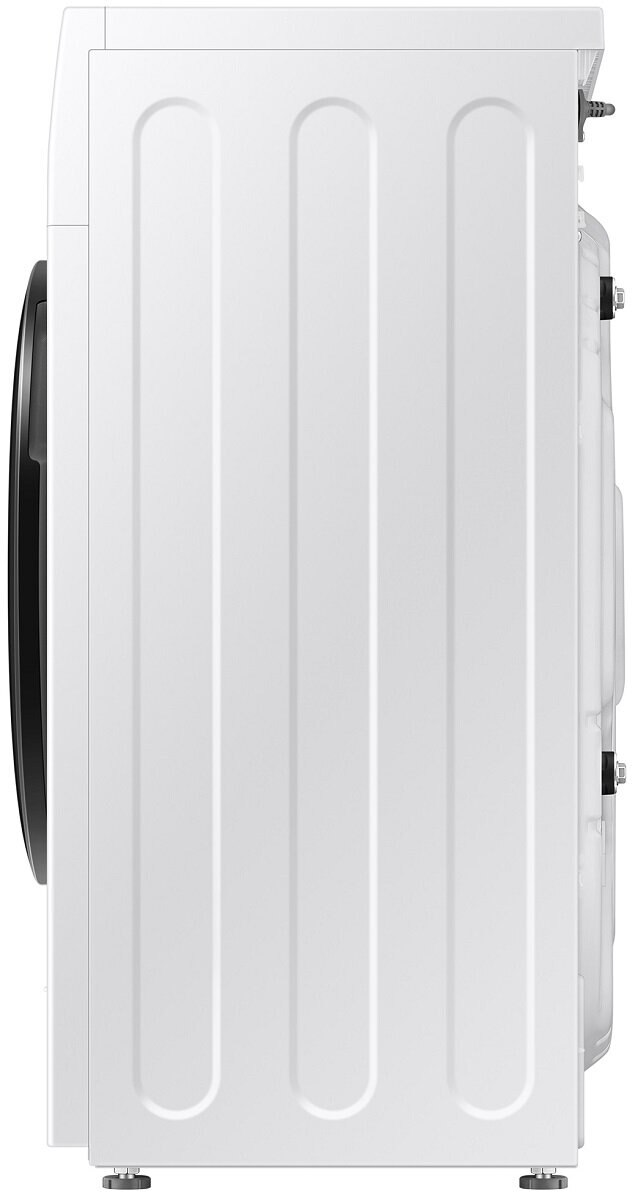 Widok z boku białej pralki. Bok ma pionowe linie.