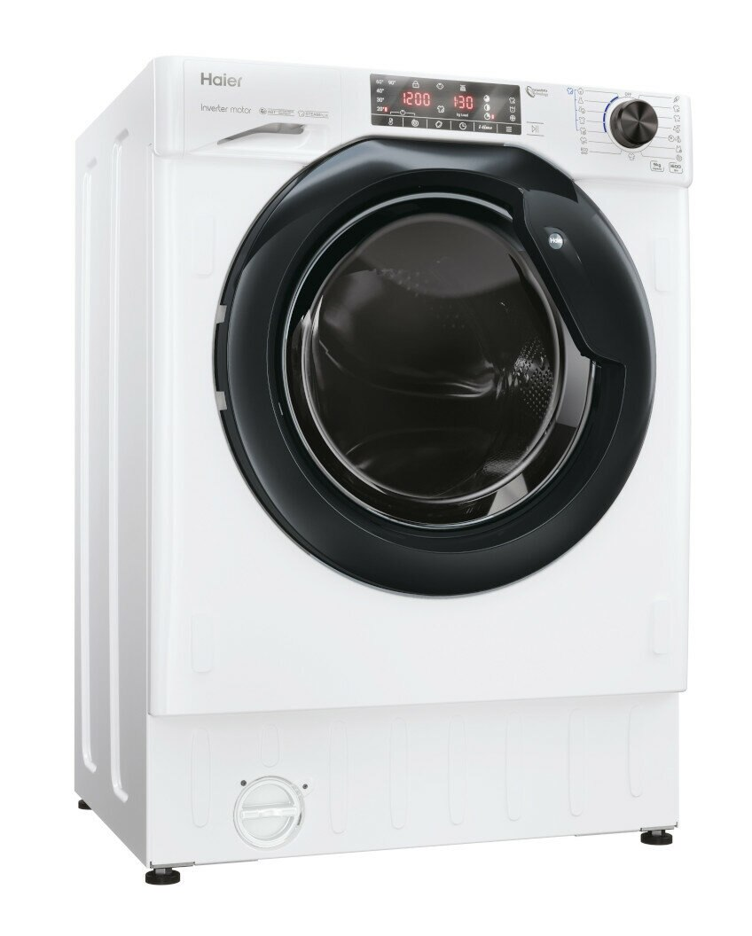 Biała pralka Haier z czarnymi drzwiami i panelem sterowania.