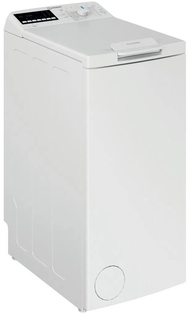 Biała pralka ładowana od góry. Panel sterowania na górze, z wyświetlaczem i pokrętłem. Biała i czysta.