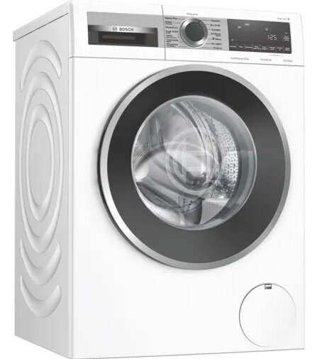 Biała pralka Bosch. Widok z przodu maszyny z czarnymi drzwiami i panelem sterowania. Białe tło.