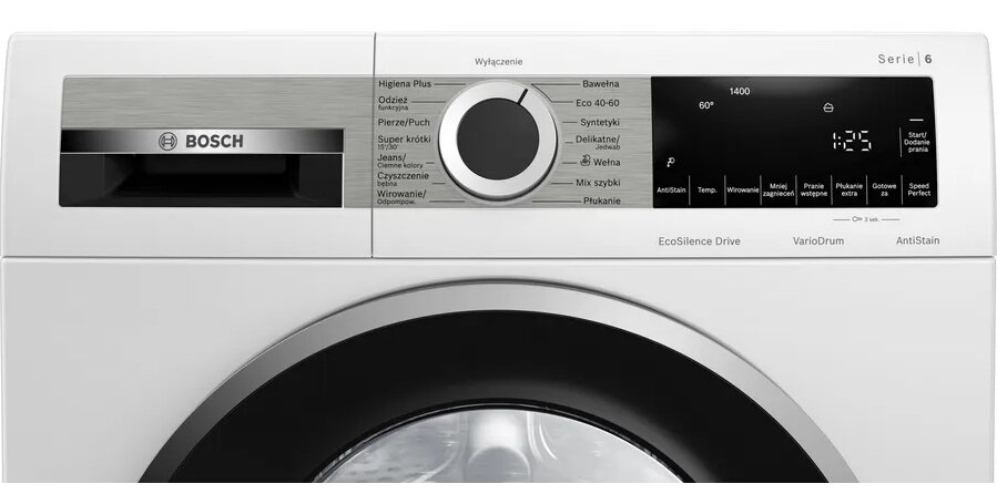 Panel przedni pralki z pokrętłem i wyświetlaczem.