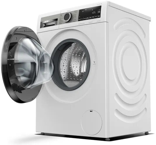 Biała pralka Bosch z uchylonymi drzwiami. Szkło drzwi jest widoczne. Białe tło.