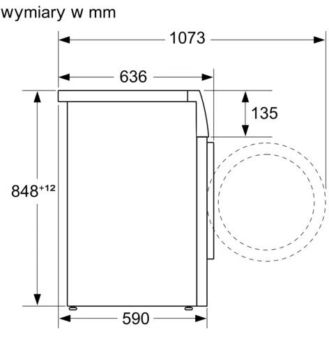 Rysunek liniowy pralki, widok z boku. Wymiary w mm wskazane.