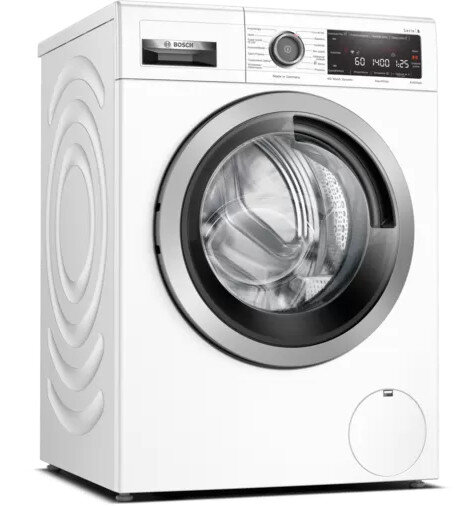 Biała pralka Bosch, srebrne drzwi, wyświetlacz cyfrowy. Na białym tle.