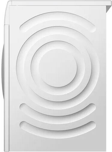 Biały panel pralki z koncentrycznymi okręgami i zakrzywionymi liniami. Design jest minimalistyczny.