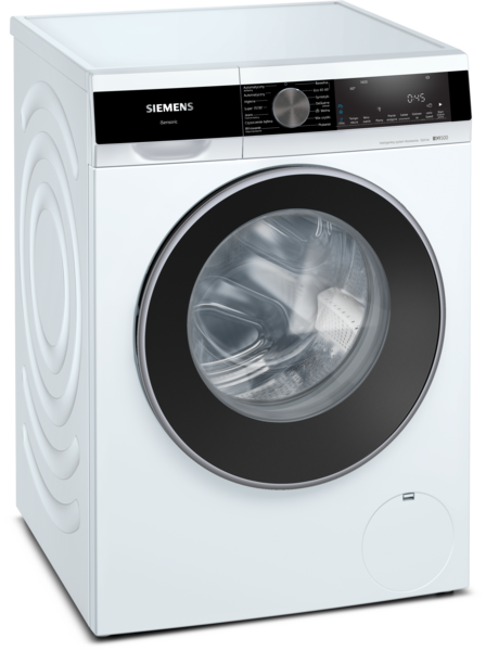 Biała pralka Siemens z czarnymi drzwiami i wyświetlaczem cyfrowym.