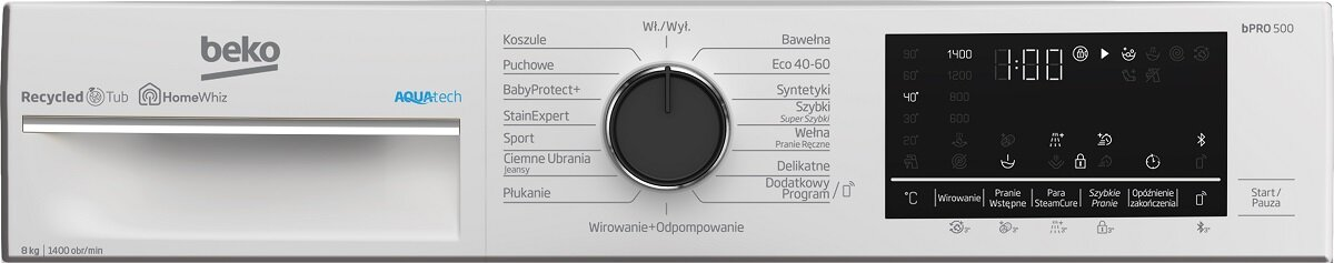 Panel sterowania pralki z różnymi ustawieniami i wyświetlaczem cyfrowym.