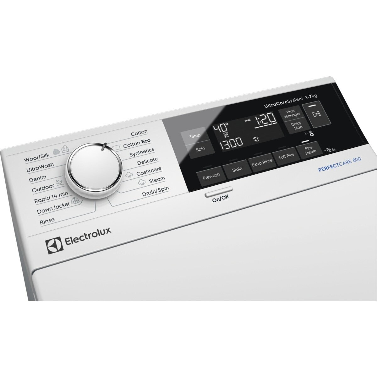 Zbliżenie panelu sterowania pralki Electrolux z przyciskami i wyświetlaczem.