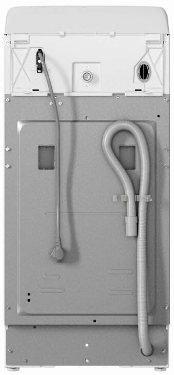 Tył pralki z różnymi połączeniami. Widoczny kabel zasilający, wlot wody i wąż spustowy.