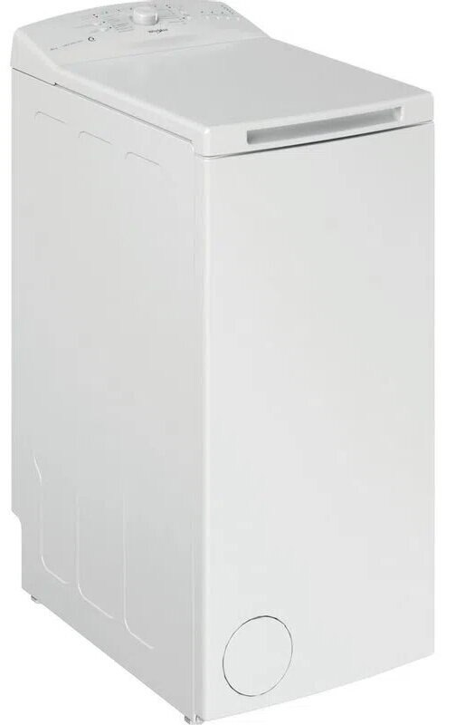 Biała pralka z panelem sterowania. Ładowana od góry, prostokątna, okrągłe okienko na dole.