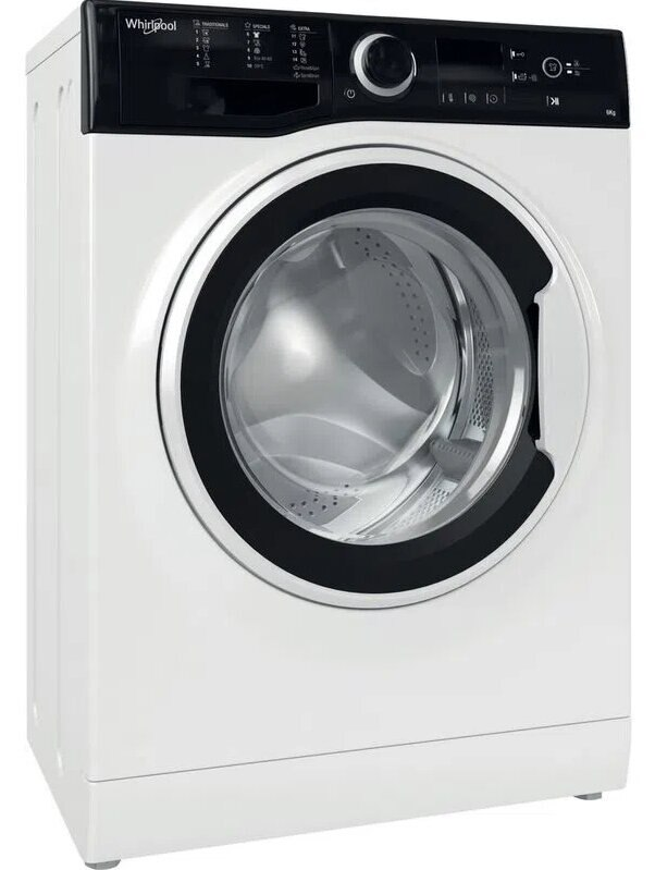 Biała pralka Whirlpool z czarnym panelem sterowania i ramą drzwi.