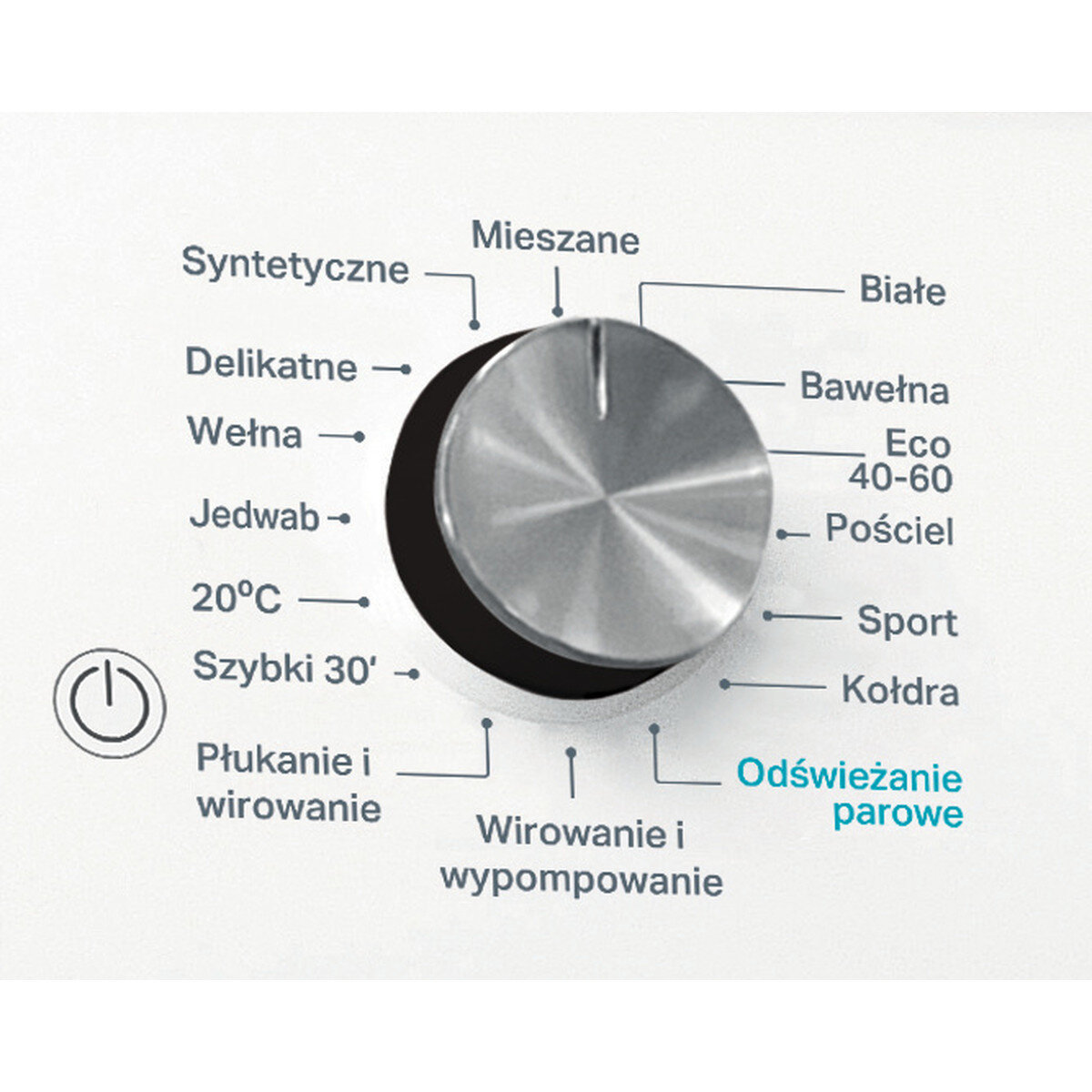Panel sterowania pralki z pokrętłem do różnych programów prania i przyciskiem start.