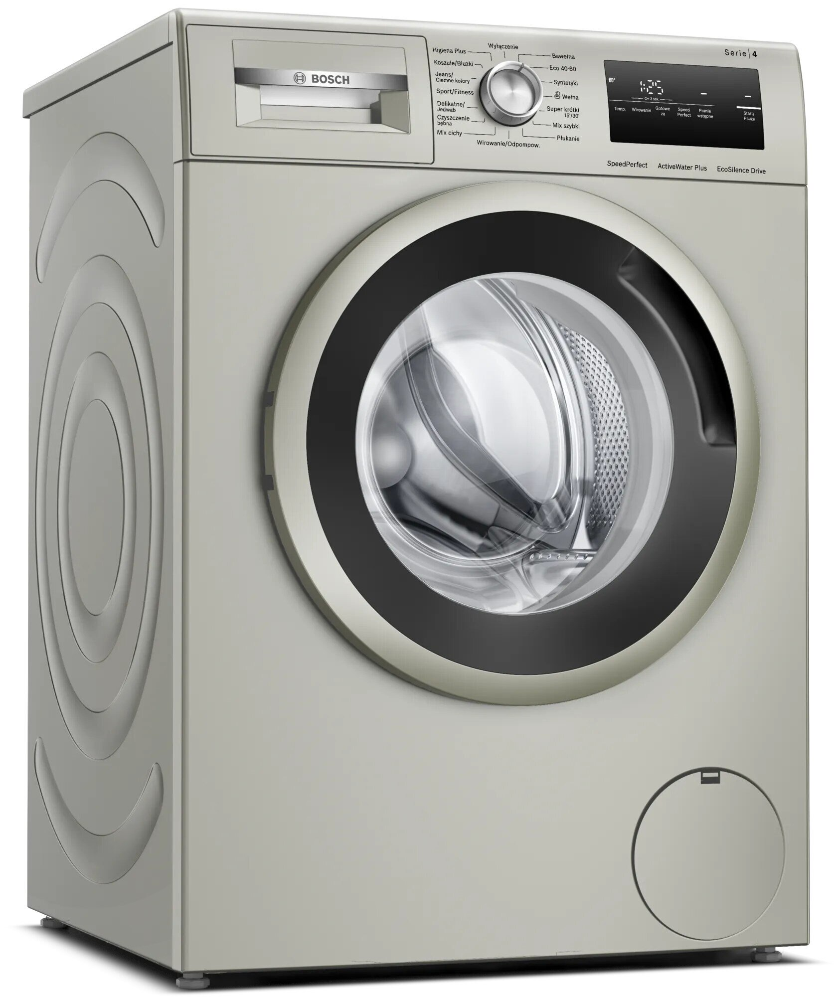 Srebrna pralka z czarnymi drzwiami i panelem sterowania.