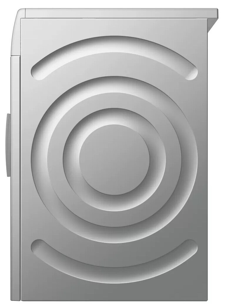 Widok z boku srebrnej pralki. Ma okrągłe elementy dekoracyjne na przednim panelu.