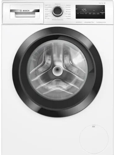 Biała pralka Bosch z czarnymi drzwiami i wyświetlaczem cyfrowym.