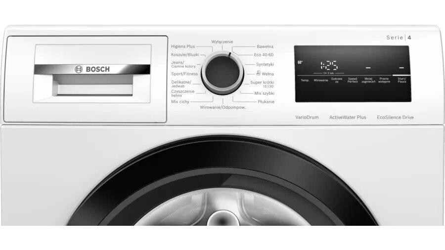 Panel sterowania białej pralki Bosch. Pokrętło, wyświetlacz i przyciski.