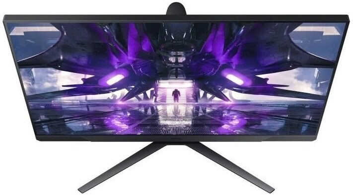 Monitor do gier wyświetlający futurystyczną scenę, z czarnym stojakiem.