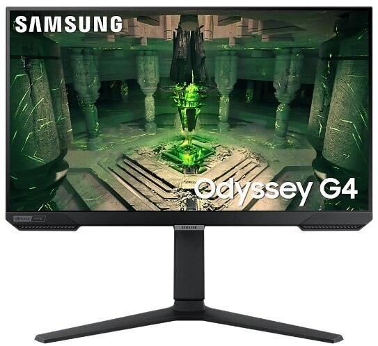 Monitor Samsung Odyssey G4 wyświetlający żywą, zieloną scenę z gry wideo.