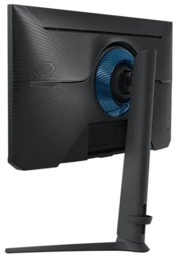 Widok z tyłu czarnego monitora komputera z niebieskim wentylatorem. Ma podstawkę i jest na białym tle.