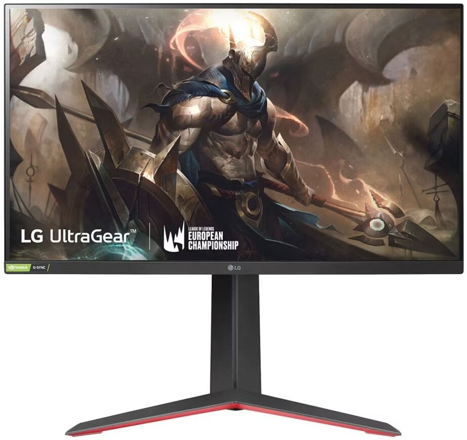 Monitor do gier LG UltraGear. Wyświetla scenę z gry z rycerzem. Czarna ramka i podstawa z czerwonymi akcentami.