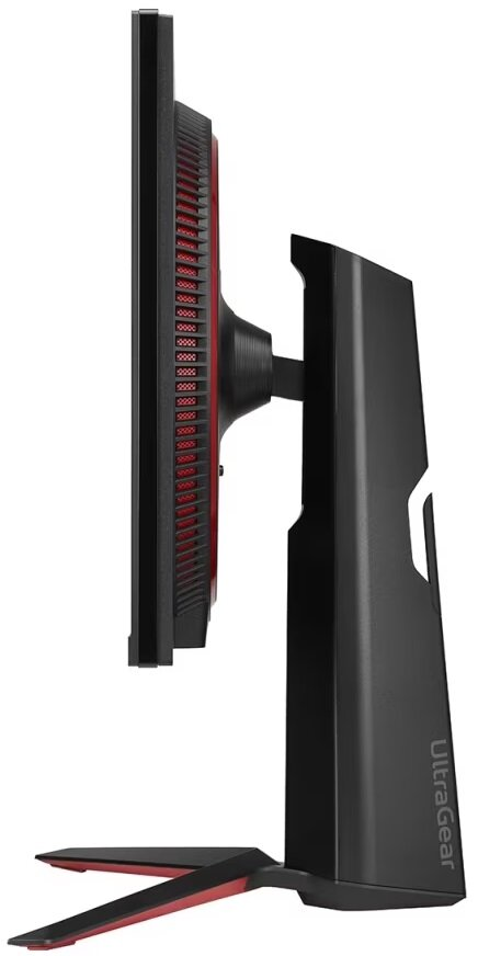 Widok z boku czarno-czerwonego monitora komputera na czarnym stojaku.
