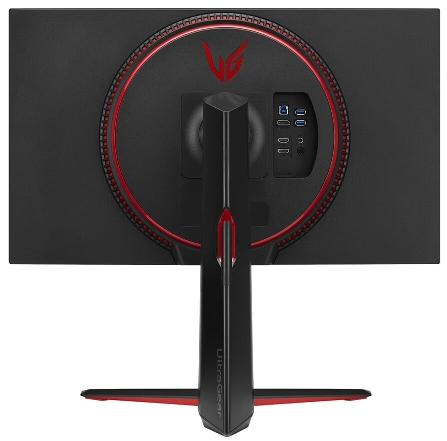 Widok z tyłu czarnego i czerwonego monitora LG. Widoczne porty, podstawka i czerwone akcenty.