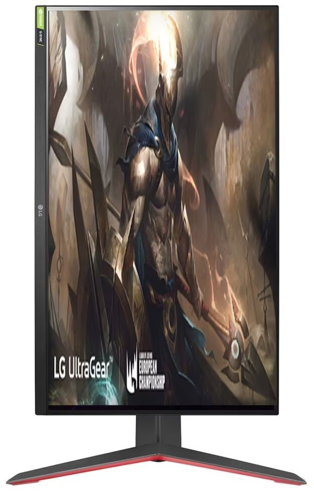 Monitor LG wyświetlający fantastyczną scenę wojownika z włócznią na ciemnym tle.