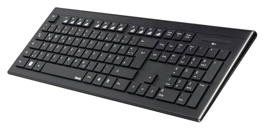 Czarna klawiatura z białymi klawiszami. Układ QWERTY. Klawisze funkcyjne u góry. Hama.