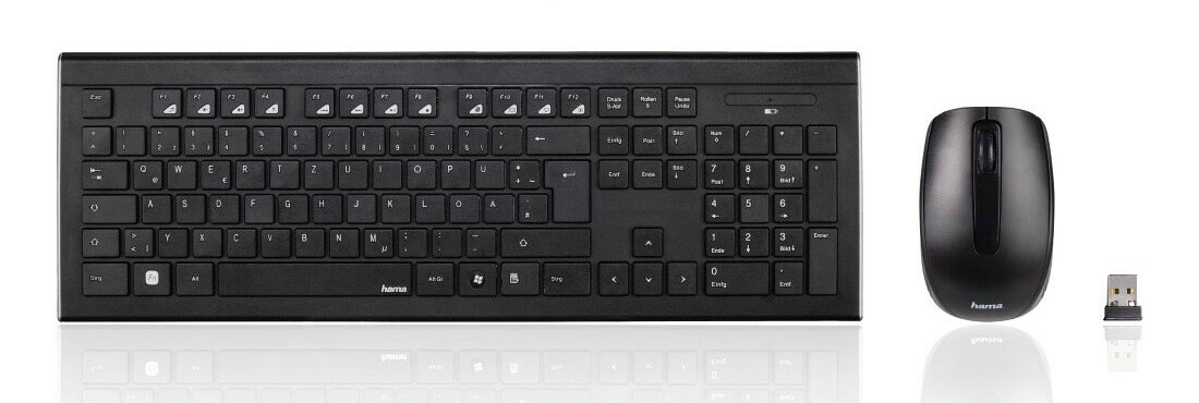 Czarny zestaw klawiatury i myszy z odbiornikiem USB na białym tle.