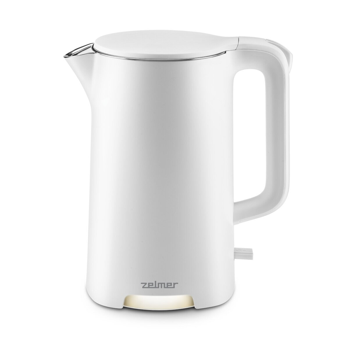 Biały czajnik elektryczny z uchwytem i małym światłem u podstawy.